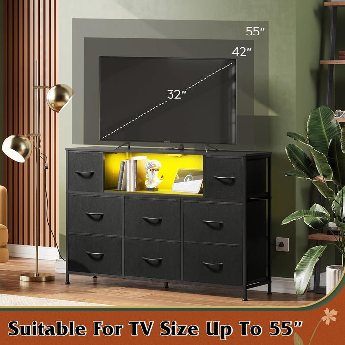 Black Dresser for Bedroom, TV Stand for Bedroom for 55 Inch TV with Charging Station and LED Lights, Fabric Chest of Drawers with Open Shelves, 8 Drawers Dressers for Living Room, Closet