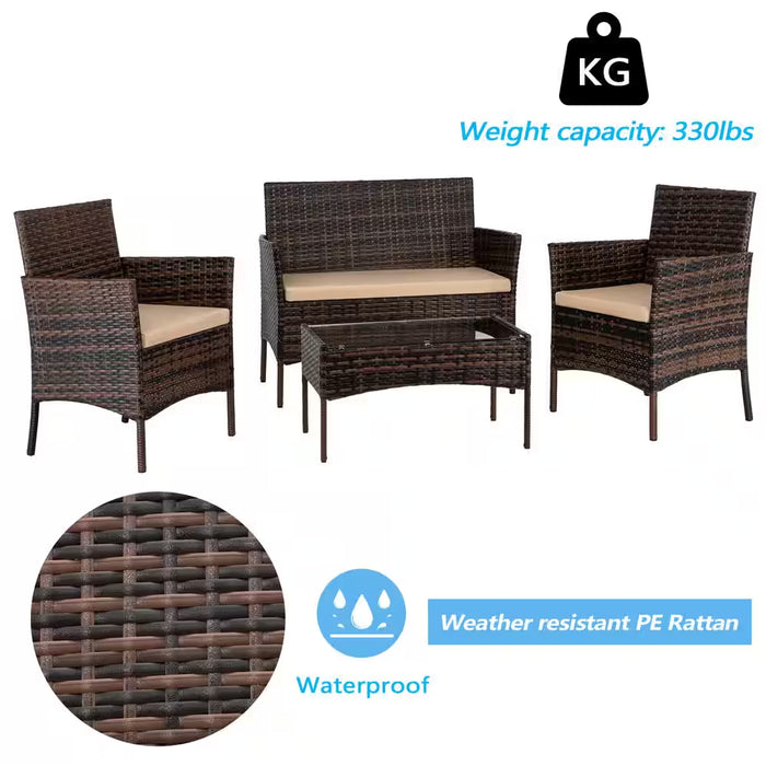 4-Piece Wicker Patio Conversation Set with Beige Cushions