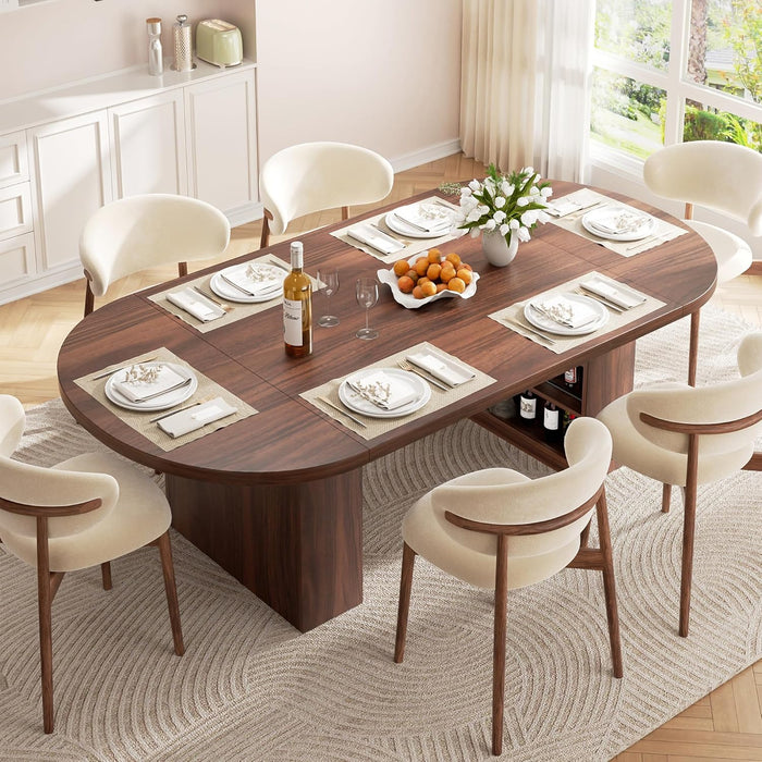 78.7" Dining Table for 6-10 People, Oval Dining Room Table with 3-Tier Storage Shelf, Modern Wood Kitchen Tables with Heavy Duty Pedestal Base for Home, Dining Room, Walnut