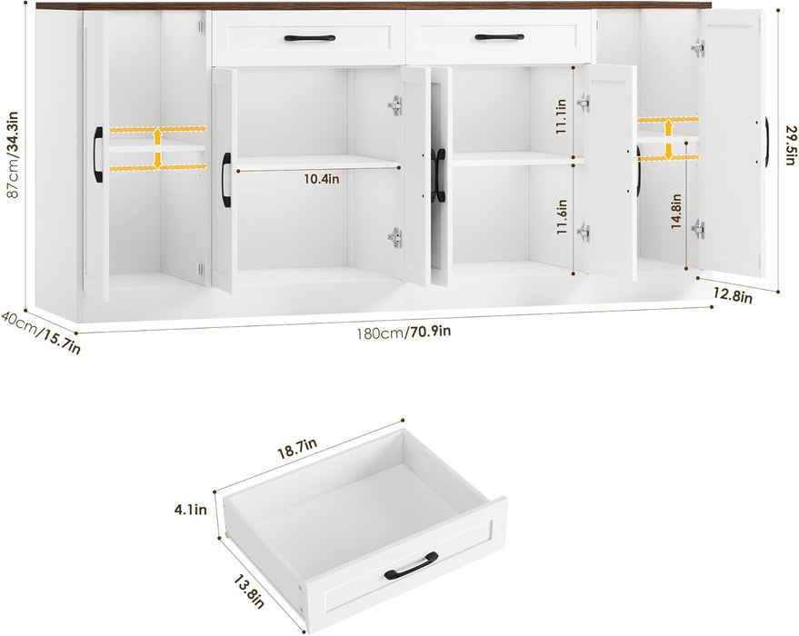 71” Large Buffet Cabinet with Storage, Sideboard Buffet Cabinet with Adjustable Shelves and 6 Soft-Close Doors, Wood Coffee Bar Console Table for Kitchen, Dining Room, White | 6 Soft-Close Doors, Sideboard Wood Coffee Bar Console Table for Kitchen, Dining Room (White)