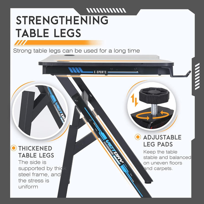 Gaming Desk Computer Desk 47"X 23" Home Office Desk Extra Large Modern Ergonomic Black PC Carbon Fiber Table Gamer Workstation with Cup Holder Headphone Hook,Blue