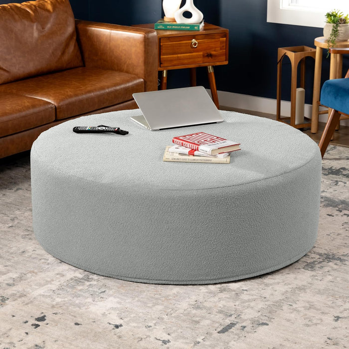 Candler round Couch Ottoman – Oversized Giant Coffee Table Ottoman - Versatile Firm Foam Construction - Kid Safe with Removable Cover, 44”, Luxe Boucle, Boucle Silver