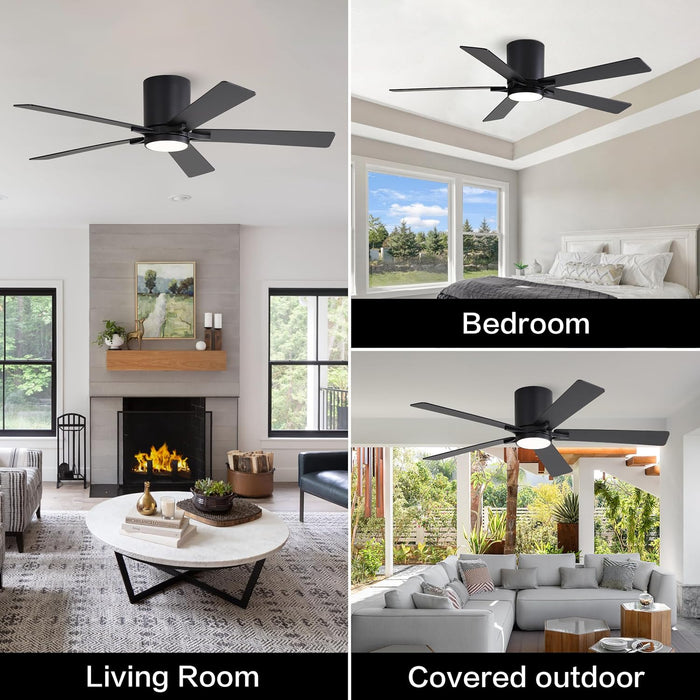 48" DC Flush Mount Ceiling Fan with Lights, 6-Speed Reversible DC Motor, 3CCT, Low Profile Hugger Ceiling Fan for Living Room Bedroom Kitchen, Black Finish and Black/Walnut Blades
