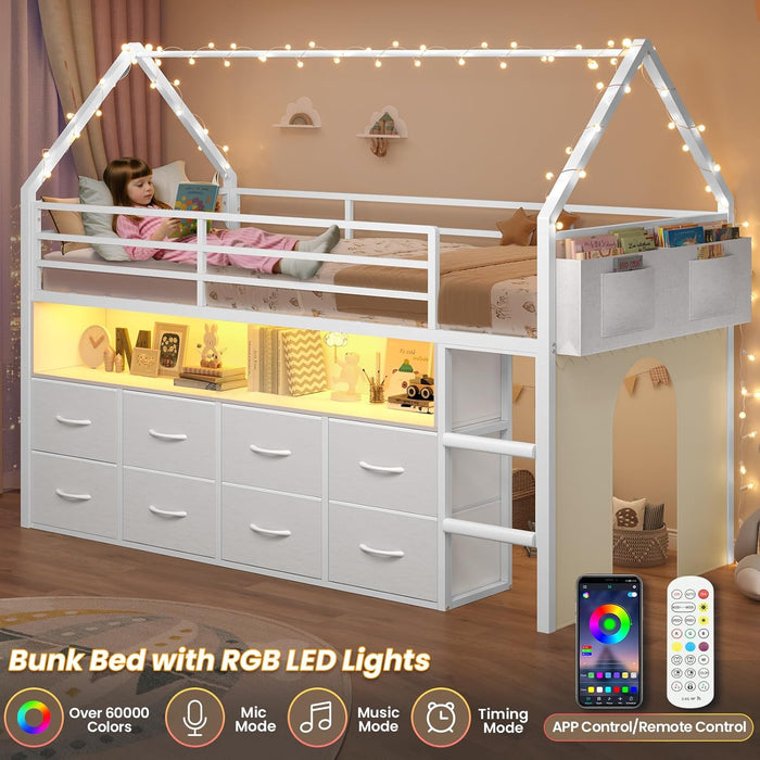Twin Size Loft Bed for Kids, 8 Storage Drawers & LED Lights, House Shaped Metal Bed with Bookcase, Soft Foam Ladder, 13.4" Safety Guardrail, Space Saving, Fun Curtain