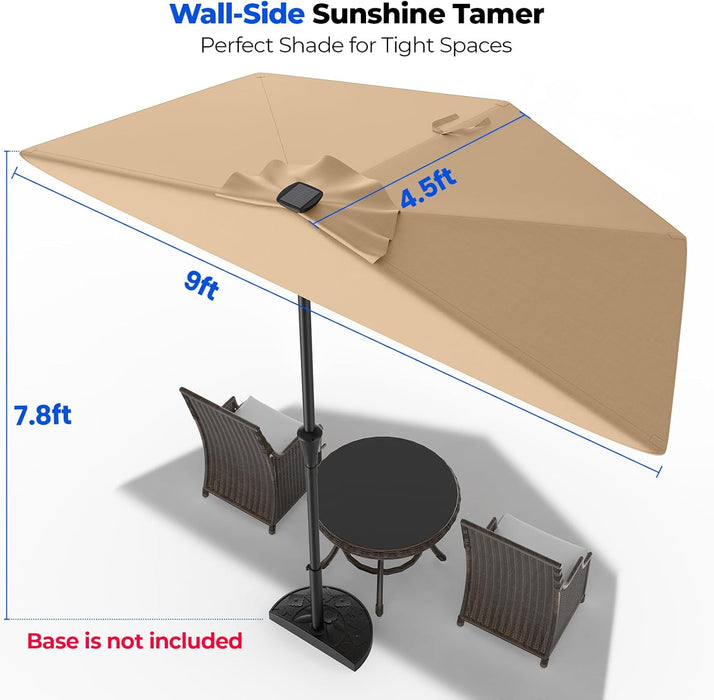 9FT Half Patio Umbrella with Solar LED Lights for Outdoor, Waterproof Half Umbrella for Small Spaces, Balcony, Deck(Beige)