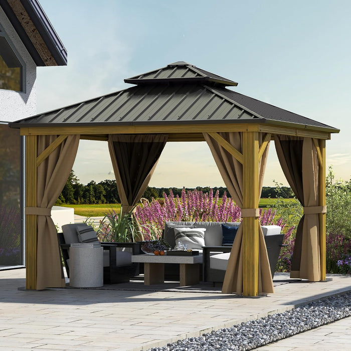 10X10Ft Gazebo, Wood Grain Aluminum Hardtop Gazebo, Heavy Duty Double Roof Galvanized Steel with Nettings and Curtains for Patio, Backyard, Deck, Lawns, Brown