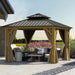10X10Ft Gazebo, Wood Grain Aluminum Hardtop Gazebo, Heavy Duty Double Roof Galvanized Steel with Nettings and Curtains for Patio, Backyard, Deck, Lawns, Brown