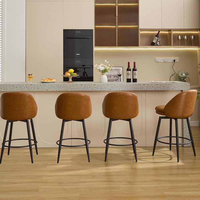 Counter Height Bar Stools Set of 2, 26 Inch Swivel Barstools with Back and Metal Legs for Kitchen Counter, Modern Upholstered Stools Island Chairs, Brown PU Leather