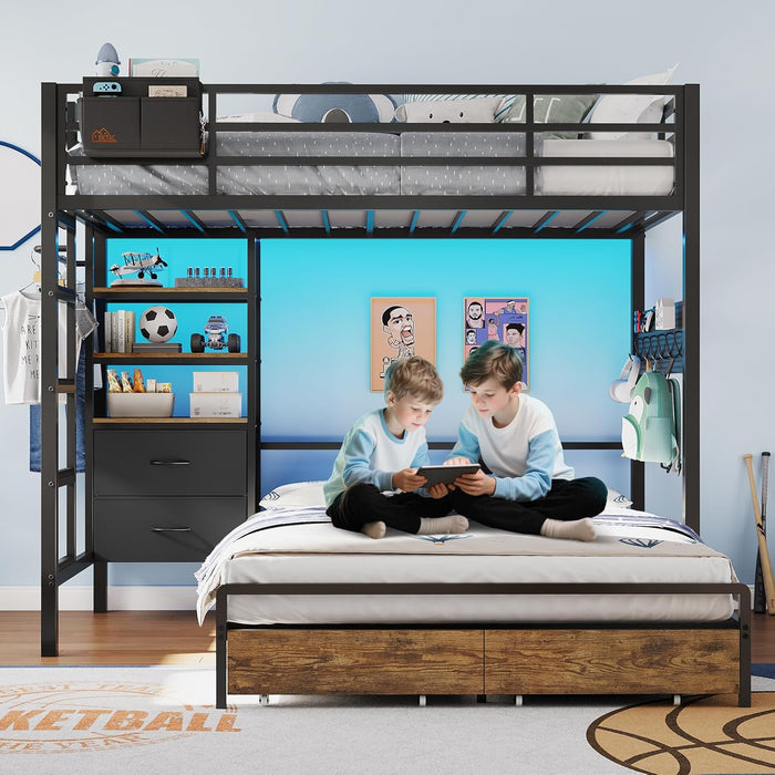 Black HeavyDuty TwinOverFullBunk Bed With Storage Drawers