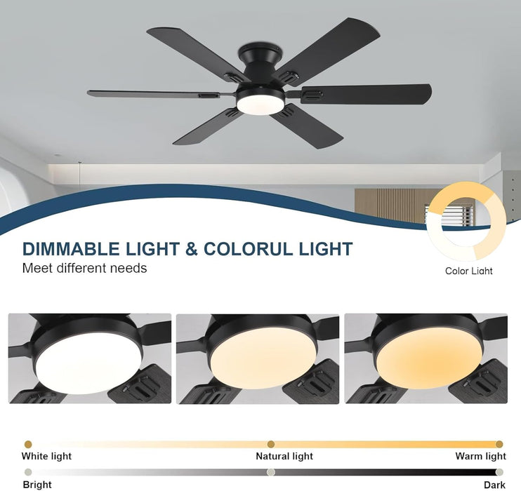 56 Inch Ceiling Fans with Lights, Black Flush Mount Ceiling Fan with Light and Remote/App Control, 3CCT, RGB, Dimmable, Noiseless, Low Profile Ceiling Fan for Bedroom, Patio, Indoor/Outdoor Use
