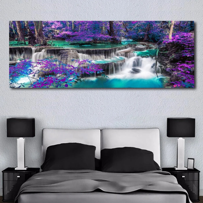 Waterfall Canvas Wall Art Purple Trees Forest Landscape Painting Picture Prints Black and White Purple Bathroom Bedroom Decoration Unframed 15.7*47.2 Inch