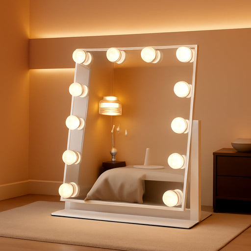 Vanity Mirror with Lights, 13'' X 11'' Lighted Makeup Mirror for Desk, Hollywood Mirror with 12 Dimmable Bulbs, 3 Color Modes, Smart Touch Control, 360°Rotation