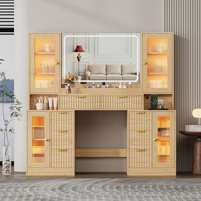 55 Inch Makeup Vanity Desk With LED Lights RGB Glass Cabinets