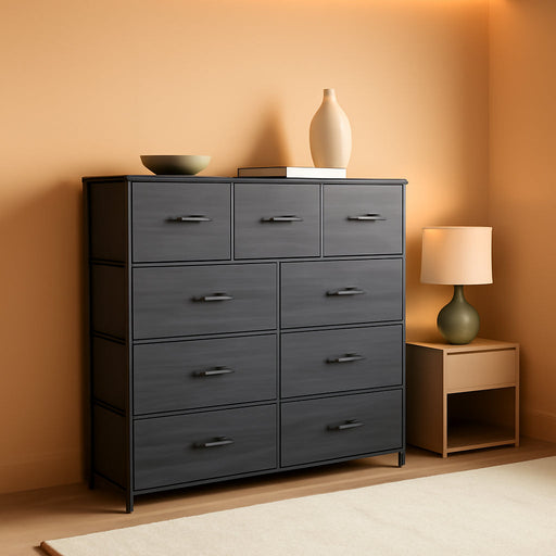 Dresser for Bedroom with 9 Drawers - Fabric Storage Tower, Tall Chest Organizer Unit for Living Room, Entryway, Closets with Sturdy Steel Frame, Wooden Top