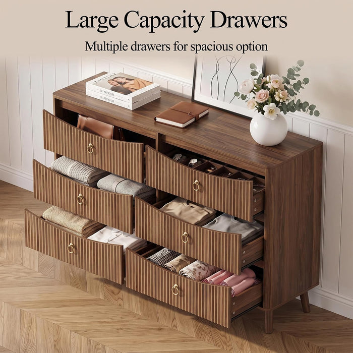 55.1" Wide Walnut Dresser for Bedroom, Fluted 6 Drawer Dresser