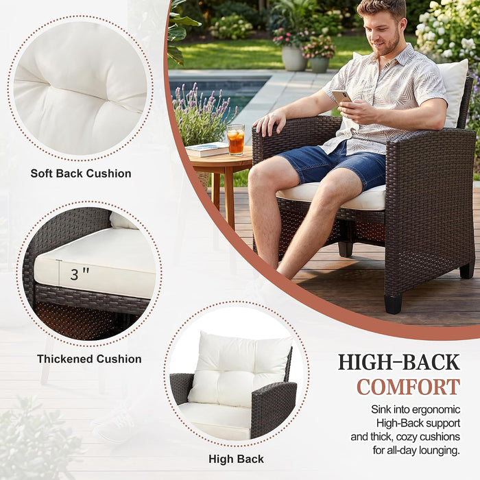 Patio Chair with Ottoman, 5 Pieces Patio Furniture Set Small Balcony Furniture, Rattan Patio Chairs Set of 2 with Glass Table for Front Porch Garden (Beige)