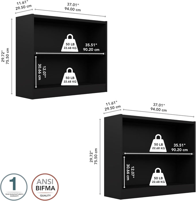 Bush Furniture Universal Small 2 Shelf Bookcase in Black - Set of 2, Matching Storage and Display Bookshelves for Home Office or Living Room Organization