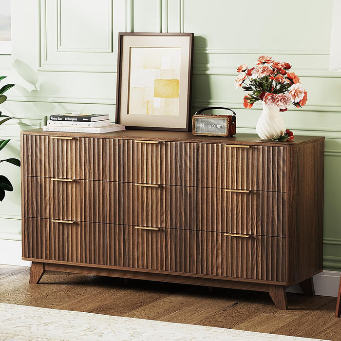 Fluted Dressers Chest of Drawers,57" Fluted Wide Modern Dresser with Metal Handle, Curved Profile Design, Wood Drawer Organizer for Bedroom, Walnut