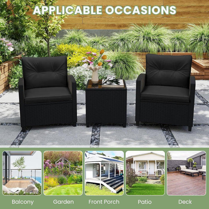 3 Pieces Patio Furniture Set, Wicker Conversation Set Outdoor Chairs with Cushions, Glass Coffee Table, Rattan Bistro Set for Front Porch Balcony Garden Deck Poolside (Black)