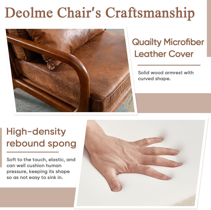 Mid Century Modern Accent Chair Set of 2 Living Room- Comfy Solid Wood Arm Chair with Lumber Pillow Lounge Decorative Brown Leather Office Side Chair Bedroom Reading Nook Sillas De Sala Microfiber