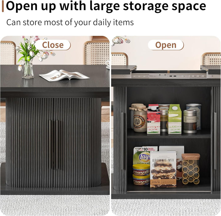 Extendable Black Dining Table for 4-6, 47-65 Inch Rectangle Dining Room Kitchen Table with Large Storage, Wood Sliding Door, Mid Century Modern Dinner Furniture, Fluted, Space Saving, Living Room
