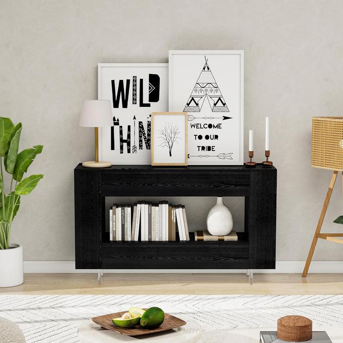 TV Stand for 55 Inch with 2 Large Drawers & Hidden Storage Cabinets, Modern Farmhouse Entertainment Center Television Stands for Living Room Bedroom, Black