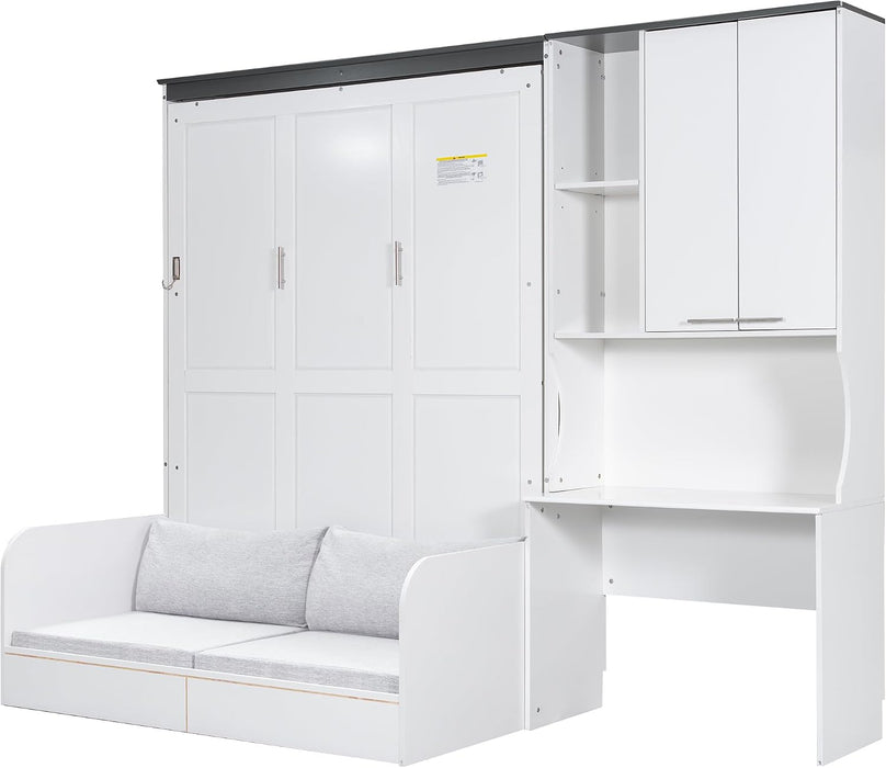 Queen Murphy Bed With Sofa Desk Storage WhiteGlossFinish