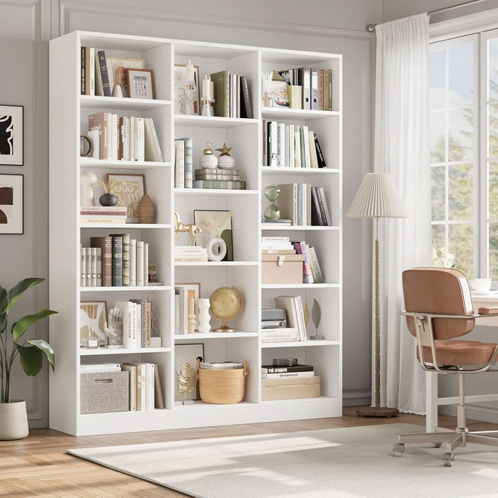 Triple Wide Bookshelf, 6 Tier Large Bookshelf, Bookcase with 17 Open Display Shelves, 74'' Tall Bookcases and Bookshelves for Living Room, Home Office, Library, White