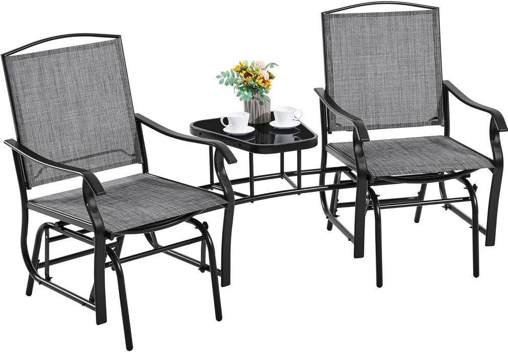 Outdoor Glider Chairs with Glass Table Rocking Chairs, Outdoor Loveseat Patio 2-Seat with Breathable Sling Fabric for Lawn, Garden and Porch, Gray