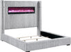 Corduroy Upholstered Bed Frame, Remote Fireplace, Built-In Speaker, Wingback Queen Bed Frame with Headboard, Wooden Slats, Box Spring Needed, Assembly Required, Two-Tone Gray