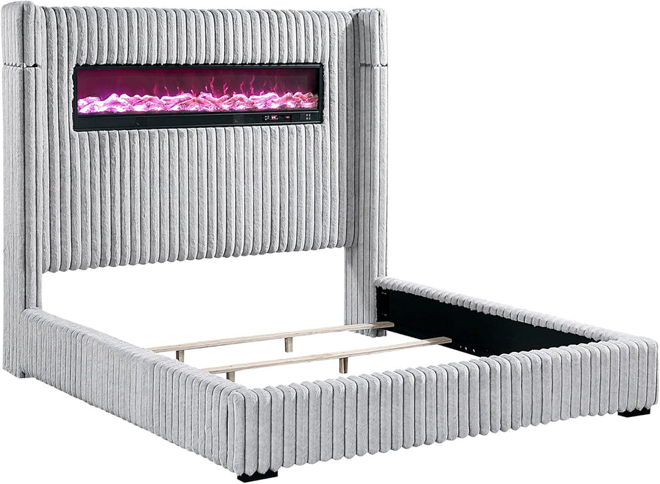 Corduroy Upholstered Bed Frame, Remote Fireplace, Built-In Speaker, Wingback Queen Bed Frame with Headboard, Wooden Slats, Box Spring Needed, Assembly Required, Two-Tone Gray