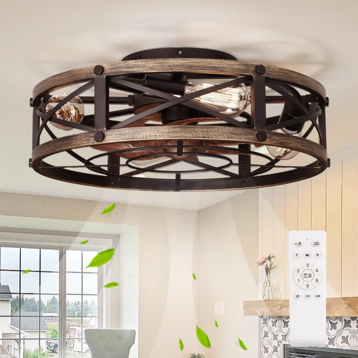 Farmhouse Flush Mount Caged Ceiling Fans with Lights, 6 Speeds, Rustic Low Profile Ceiling Fan with Light and Remote, Small Bladeless Ceiling Fans with Lights for Kitchen, Bedroom