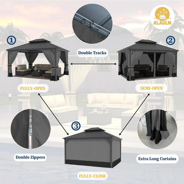 12x14 Gray Hardtop Gazebo Outdoor Weatherproof Netting