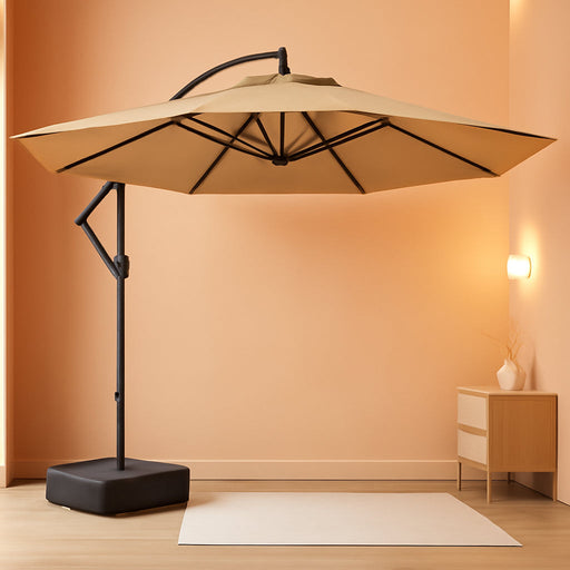 10Ft Cantilever Patio Umbrella with Base Included, 30 MPH Wind-Resistant Offset Outdoor Hanging Umbrella with 45 Degree Infinite Tilt and Smooth Crank, 260Gsm Solution-Dyed 8-Year Fade-Resistant Canopy for Backyard Pool Deck, Beige