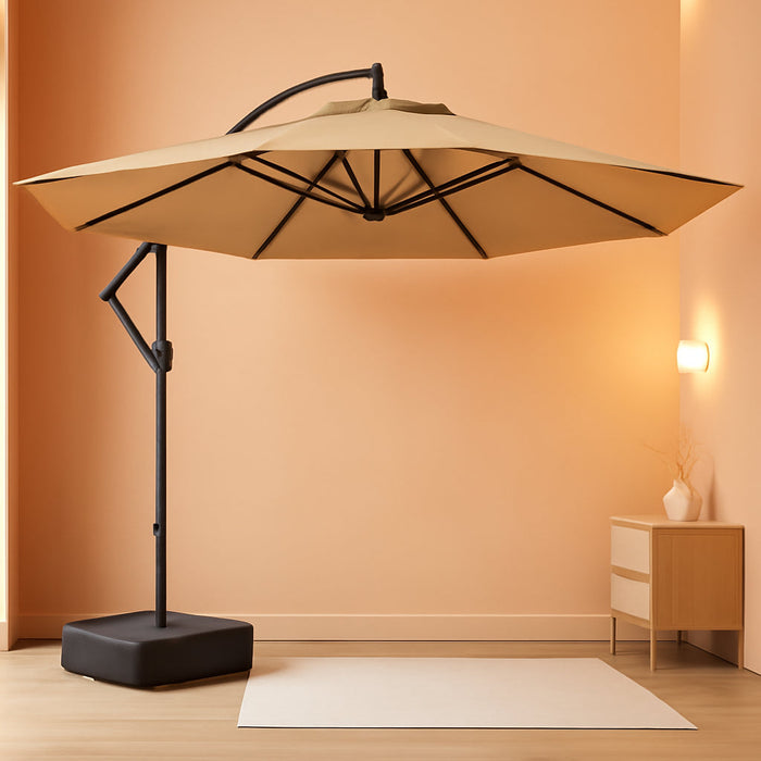 10Ft Cantilever Patio Umbrella with Base Included, 30 MPH Wind-Resistant Offset Outdoor Hanging Umbrella with 45 Degree Infinite Tilt and Smooth Crank, 260Gsm Solution-Dyed 8-Year Fade-Resistant Canopy for Backyard Pool Deck, Beige