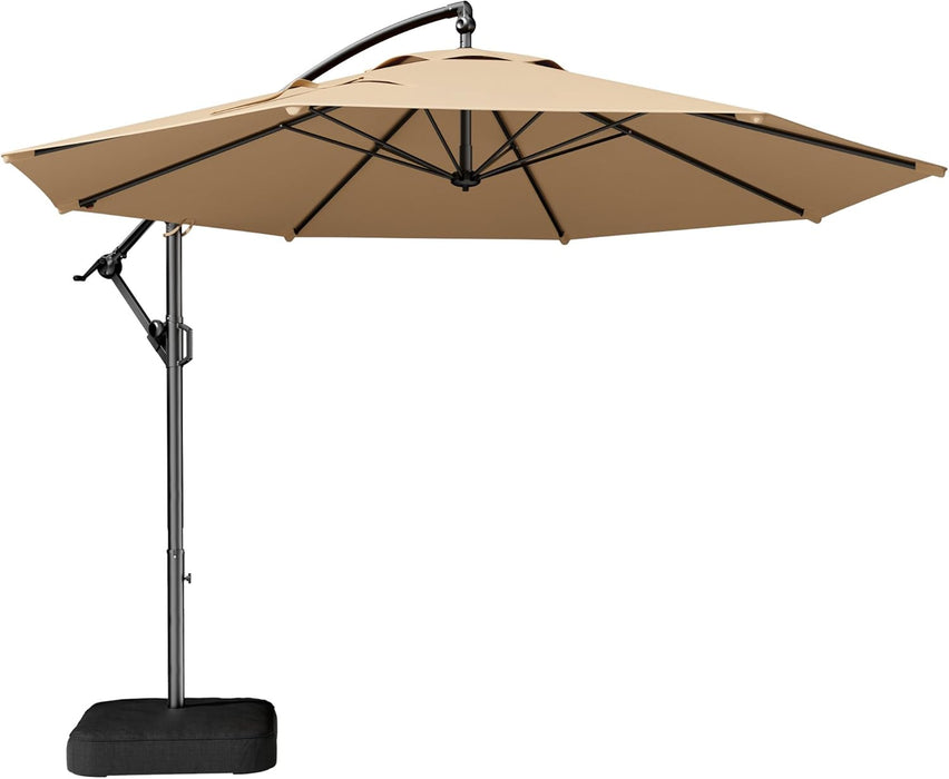 10Ft Cantilever Patio Umbrella with Base Included, 30 MPH Wind-Resistant Offset Outdoor Hanging Umbrella with 45 Degree Infinite Tilt and Smooth Crank, 260Gsm Solution-Dyed 8-Year Fade-Resistant Canopy for Backyard Pool Deck, Beige