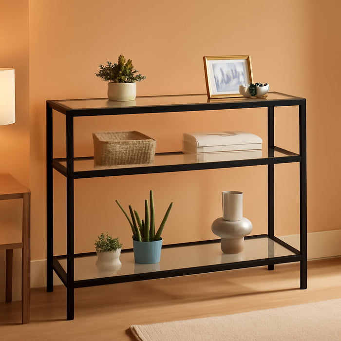 Yaheetech 39.5" Console Table with 3 Storage Shelves,Tempered Glass Sofa Table, Modern Entryway Tables with Metal Frame for Hallway Living Room Bedroom, Easy Assembly, Black