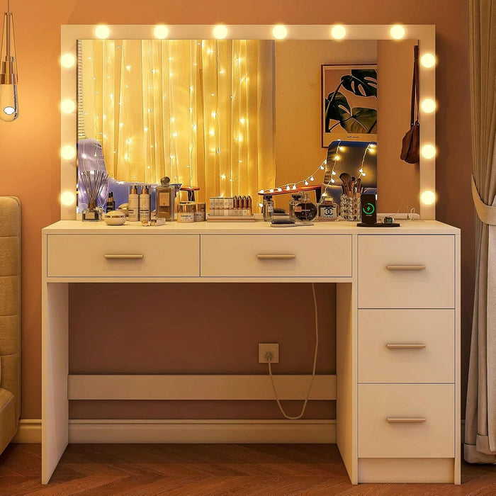 47.2" Large Vanity Desk with Mirror & 14 LED Lights, Makeup Vanity Table with 5 Drawers & Charging Station, Makeup Vanity Desk, 3 Lighting Colors, Dressing Vanity Table for Bedroom, White
