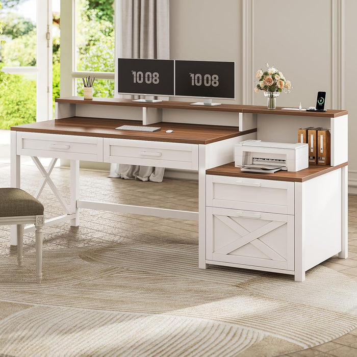 Farmhouse Home Office Desk with File Drawer & Power Outlet, Computer Desk with 4 Drawer, Storage Shelves, Printer Cabinet and Monitor Shelf, Gaming Desk with Led Lights, White Brown