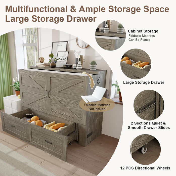 Grey Queen Murphy Cabinet Bed With GenerousStorage
