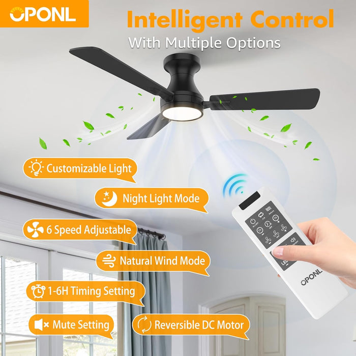 42 Inch Ceiling Fans with Light, Black Low Profile Ceiling Fan with Light, Remote Control, Flush Mount, Reversible, 6CCT, Dimmable, Noiseless, Modern Ceiling Fan for Bedroom, Indoor/Outdoor Use