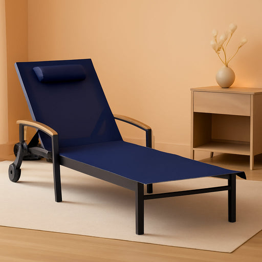 Outdoor Lounge Chair with Pillow, 5-Position Aluminum Chaise Lounge with Wheels & Armrests, 400 Lbs Heavy Duty Patio Pool Chair for Deck, Backyard, Beach & Poolside, Navy Blue