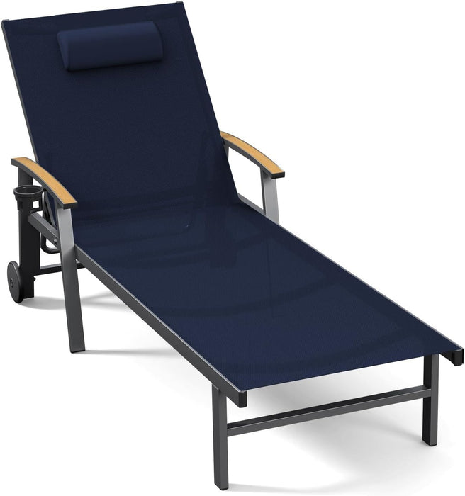 Outdoor Lounge Chair with Pillow, 5-Position Aluminum Chaise Lounge with Wheels & Armrests, 400 Lbs Heavy Duty Patio Pool Chair for Deck, Backyard, Beach & Poolside, Navy Blue