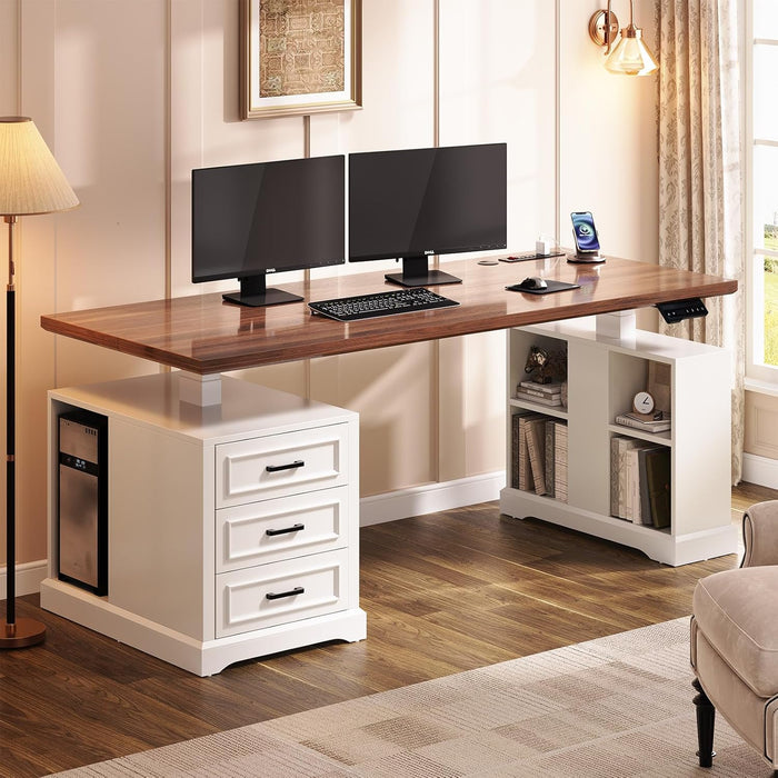 Farmhouse Electric Standing Desk, 63" Height Adjustable Computer Desk with 3 Drawers, Storage Shelves, Power Outlets, Wood Home Office Stand up Desk for Work, Study, Writing, White