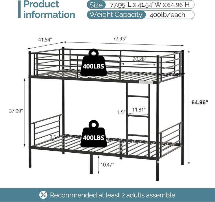 Bunk Bed Twin over Twin for Kids/Teens/Adults Heavy Duty Bunk Bed with Flat Ladder and 13 Inches High Guardrail, Metal Bunk Bed with Stairs, Black