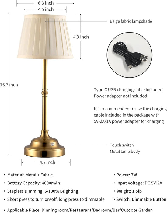 Portables Cordless Table Lamp, Fabric Shade Desk Lamp, 4000Mah Rechargeable Battery Powered Lighting, Dimmable Light for Dining Room, Bedroom, Bedside, Bar, Night Light, Camping, Balcony (Gold)