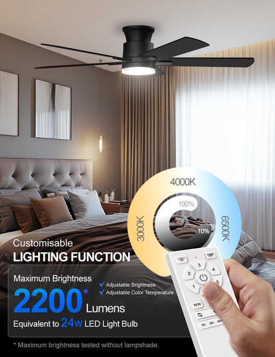 Ceiling Fans with Lights 52 Inch, Flush Mount, Remote Control, 3CCT Dimmable, 6 Speeds, Quiet Reversible DC Motor, Low Profile Hugger Black Ceiling Fan for Bedroom, Living Room, Indoor/Outdoor, ETL