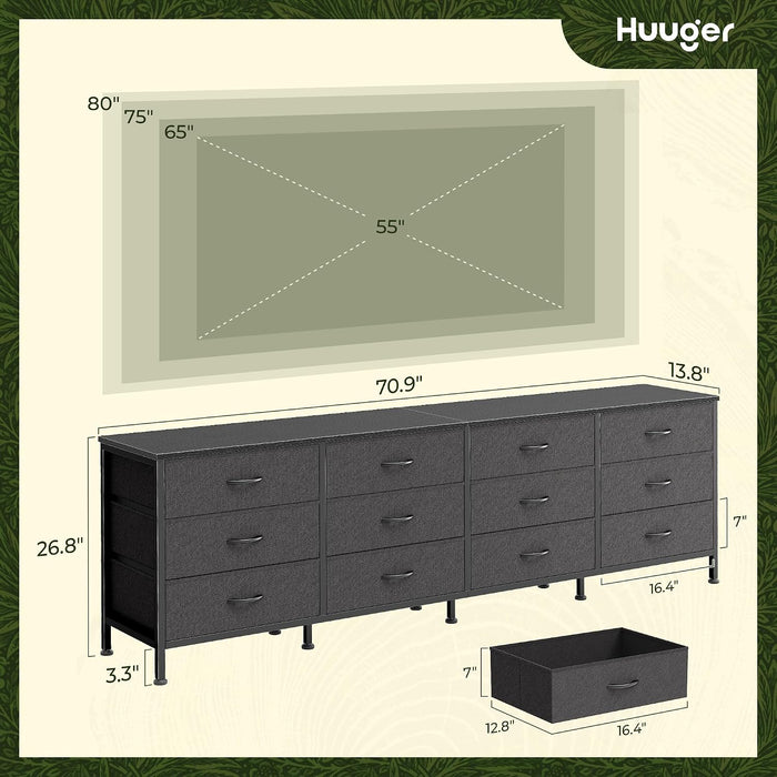 70 Inch Black Dresser for Bedroom, TV Stand for 65, 75, 80 Inch TV, 12 Fabric Drawer Long Dresser, Wide Chest of Drawer, Storage Units for Living Room