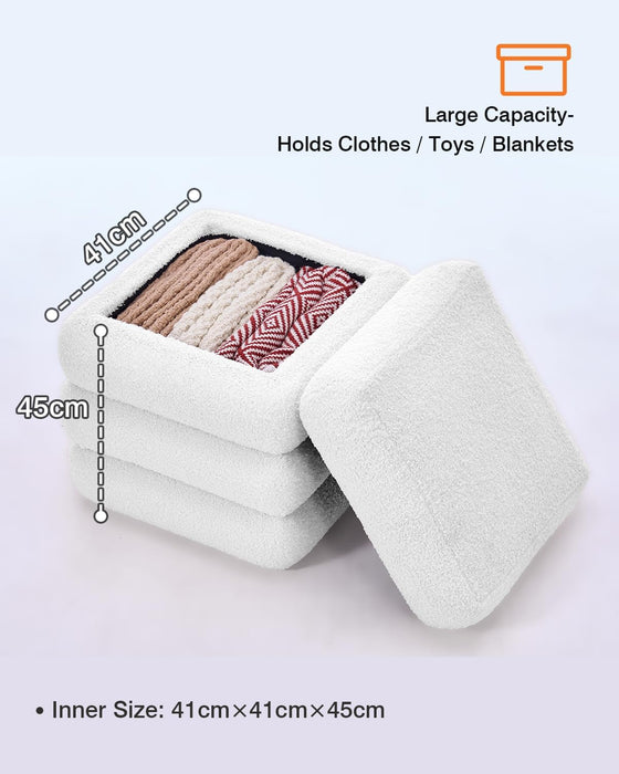 Square Set of 2 Sherpa Nesting Storage Ottoman Stool Boucle Vanity Stool Footstool with Removeable Lid Load up to 440 Lbs for Livingroom Bedroom White UASND69W