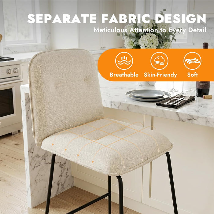 Bar Stools Set of 2, 26" Counter Height Bar Stools with Back, Modern Linen Fabric Upholstered Barstools with Metal Frame & Footrest for Kitchen Island, Home Bar, Beige
